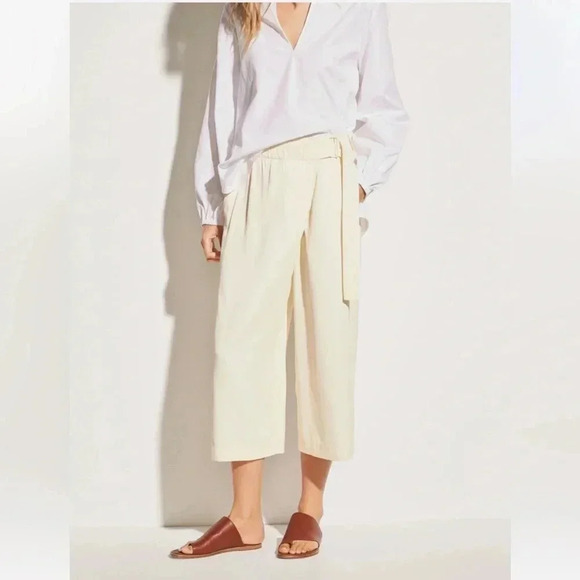 Vince Pants - Vince Belted Cross-Over Culotte‎ Pants Wide Leg Satin Workwear Casual XS Cream